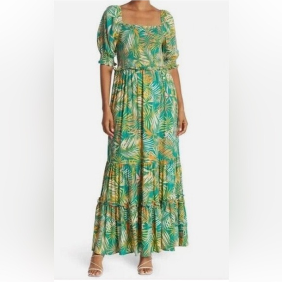 Betsey Johnson Palm Leaf Printed Maxi Dress Square Neck Puffed Sleeves Size S D8 - Picture 1 of 10